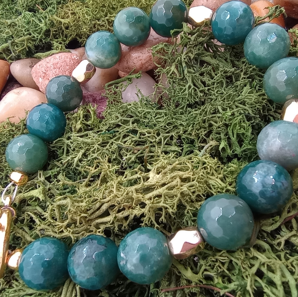 Moss Agate Bracelet 10 mm faceted crystal beads